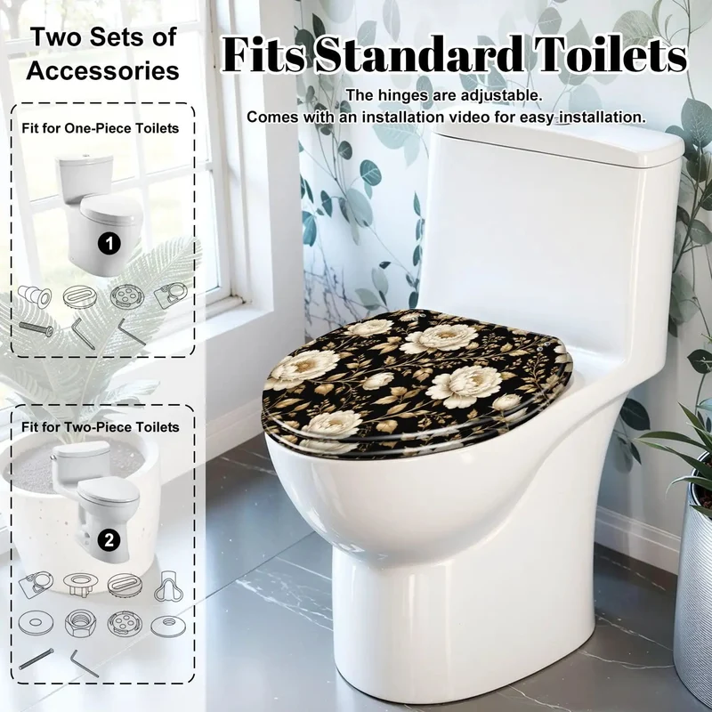 Rock Solid Slam Free Elongated Toilet Seat Built To Last With Quiet Soft Close Hinges And A Vintage Peony Floral Design In Rich Gold And Crisp White For Your Home Bath