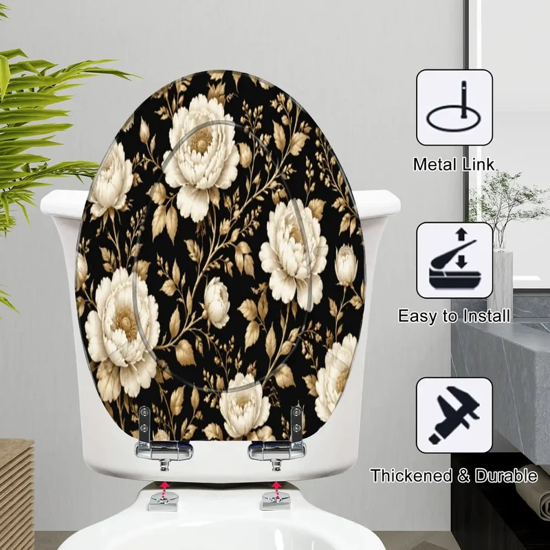 Rock Solid Slam Free Elongated Toilet Seat Built To Last With Quiet Soft Close Hinges And A Vintage Peony Floral Design In Rich Gold And Crisp White For Your Home Bath