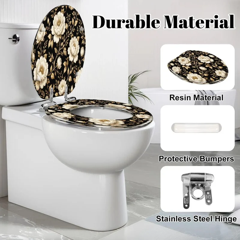 Rock Solid Slam Free Elongated Toilet Seat Built To Last With Quiet Soft Close Hinges And A Vintage Peony Floral Design In Rich Gold And Crisp White For Your Home Bath