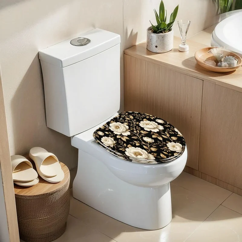 Rock Solid Slam Free Elongated Toilet Seat Built To Last With Quiet Soft Close Hinges And A Vintage Peony Floral Design In Rich Gold And Crisp White For Your Home Bath