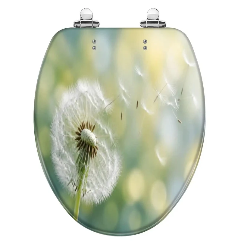Elongated Toilet Lid With Soft Close Mechanism And Resin Build Featuring Dandelion Morning Sun Design Quiet Drop Hinge Hassle Free Install Heavy Duty Bathroom Hardware Built Tough For Everyday Household Use
