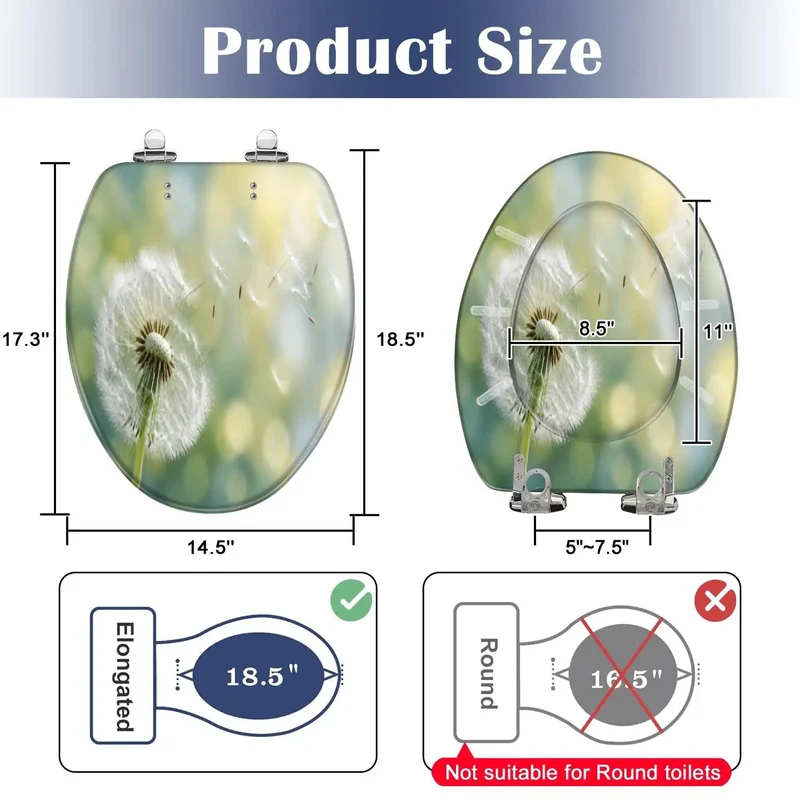 Elongated Toilet Lid With Soft Close Mechanism And Resin Build Featuring Dandelion Morning Sun Design Quiet Drop Hinge Hassle Free Install Heavy Duty Bathroom Hardware Built Tough For Everyday Household Use