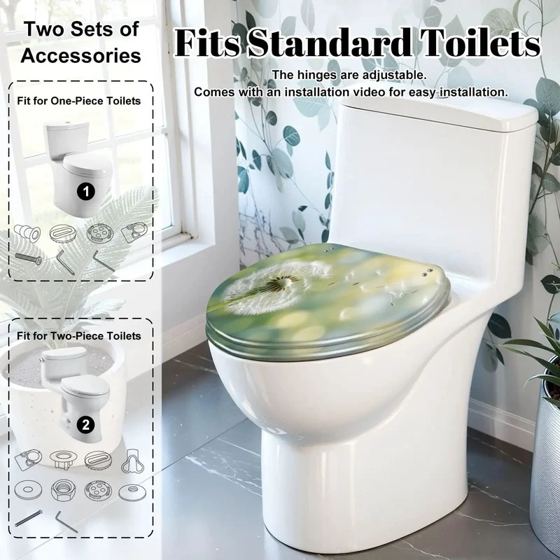 Elongated Toilet Lid With Soft Close Mechanism And Resin Build Featuring Dandelion Morning Sun Design Quiet Drop Hinge Hassle Free Install Heavy Duty Bathroom Hardware Built Tough For Everyday Household Use
