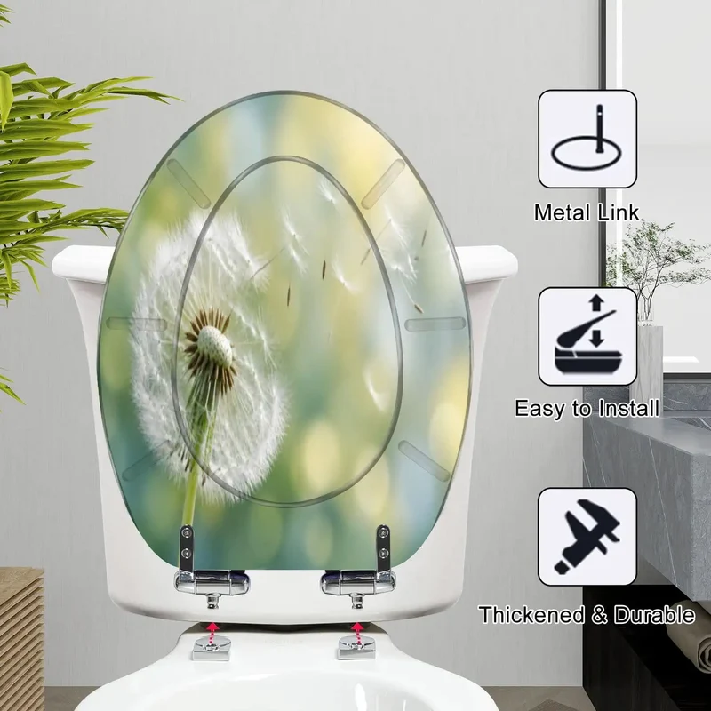 Elongated Toilet Lid With Soft Close Mechanism And Resin Build Featuring Dandelion Morning Sun Design Quiet Drop Hinge Hassle Free Install Heavy Duty Bathroom Hardware Built Tough For Everyday Household Use