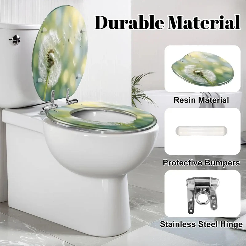 Elongated Toilet Lid With Soft Close Mechanism And Resin Build Featuring Dandelion Morning Sun Design Quiet Drop Hinge Hassle Free Install Heavy Duty Bathroom Hardware Built Tough For Everyday Household Use