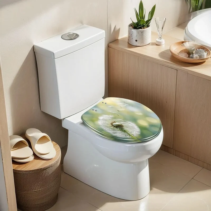 Elongated Toilet Lid With Soft Close Mechanism And Resin Build Featuring Dandelion Morning Sun Design Quiet Drop Hinge Hassle Free Install Heavy Duty Bathroom Hardware Built Tough For Everyday Household Use