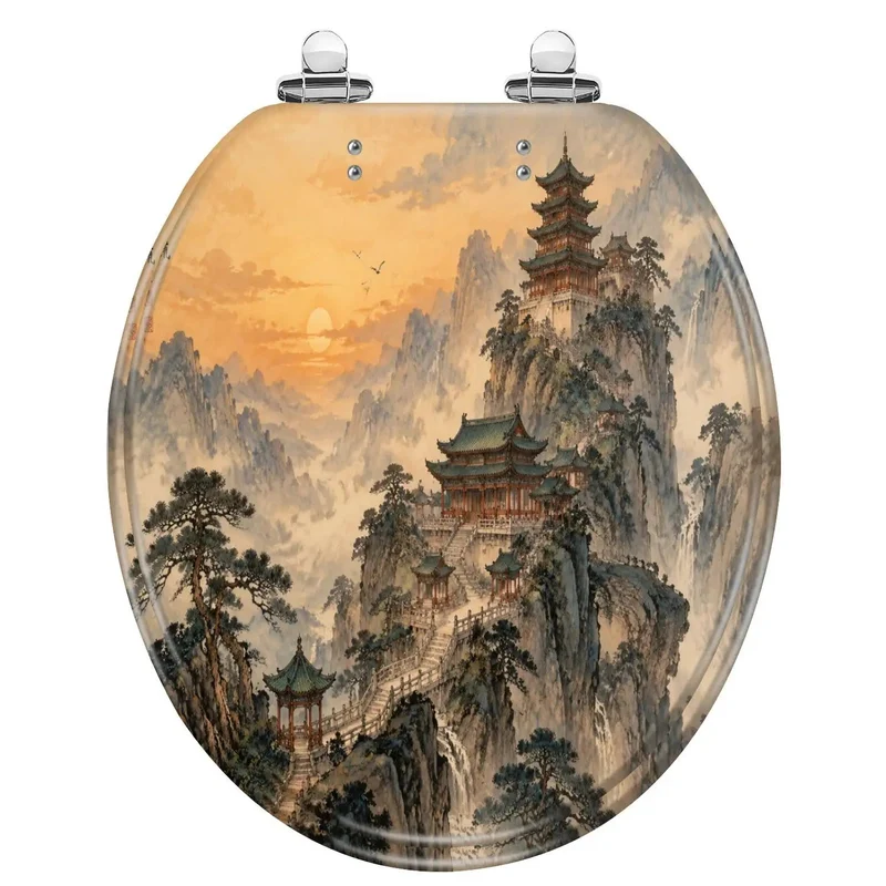 Heavy Duty Rounded Toilet Seat With Quick Release Soft Close Hinge Rock Solid Resin Construction For Effortless Daily Bathroom Care Classic Chinoiserie Mountain Ink Art Design