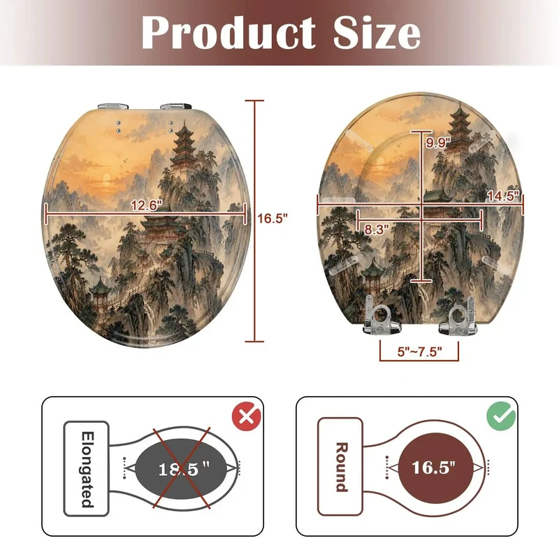 Heavy Duty Rounded Toilet Seat With Quick Release Soft Close Hinge Rock Solid Resin Construction For Effortless Daily Bathroom Care Classic Chinoiserie Mountain Ink Art Design