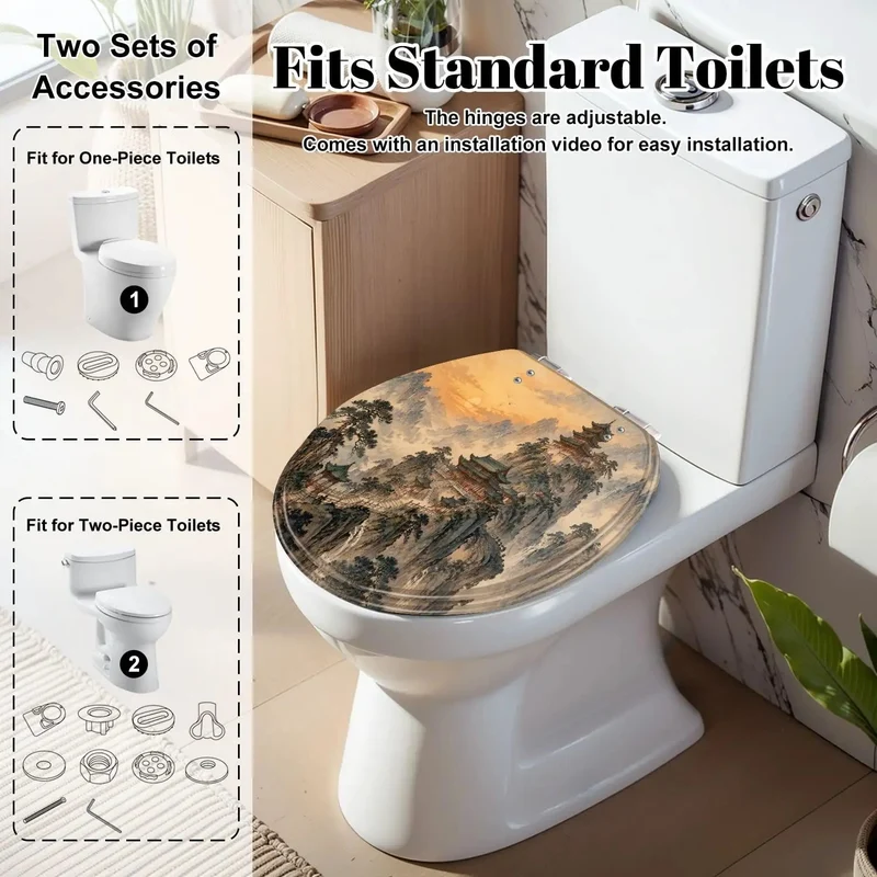 Heavy Duty Rounded Toilet Seat With Quick Release Soft Close Hinge Rock Solid Resin Construction For Effortless Daily Bathroom Care Classic Chinoiserie Mountain Ink Art Design