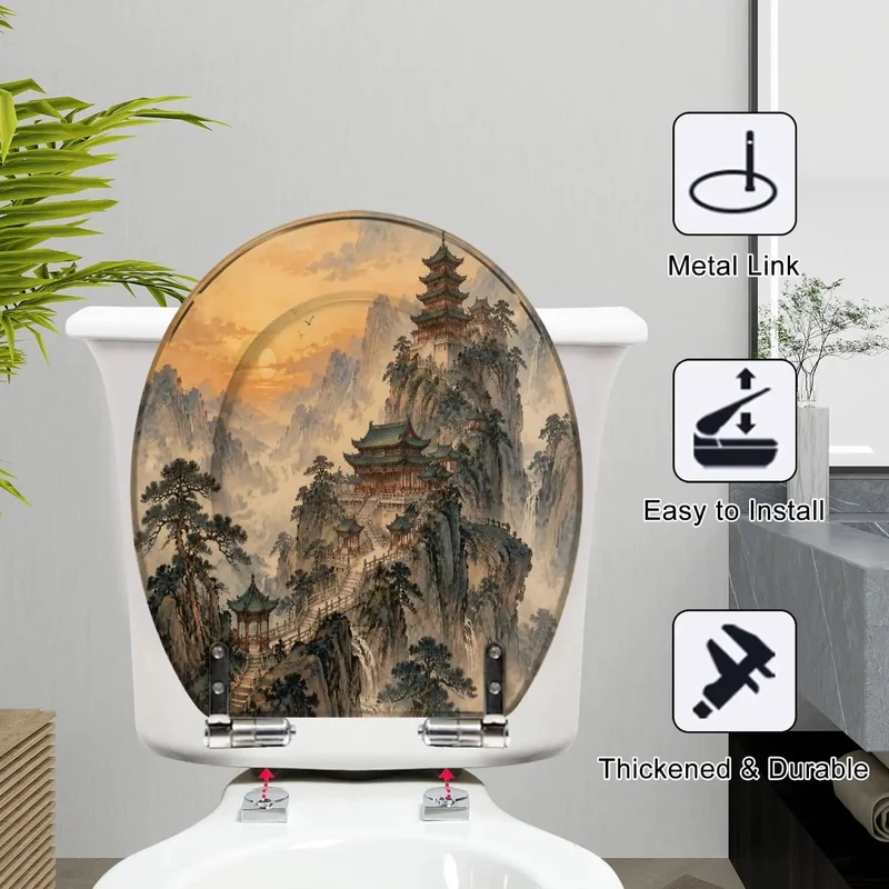 Heavy Duty Rounded Toilet Seat With Quick Release Soft Close Hinge Rock Solid Resin Construction For Effortless Daily Bathroom Care Classic Chinoiserie Mountain Ink Art Design
