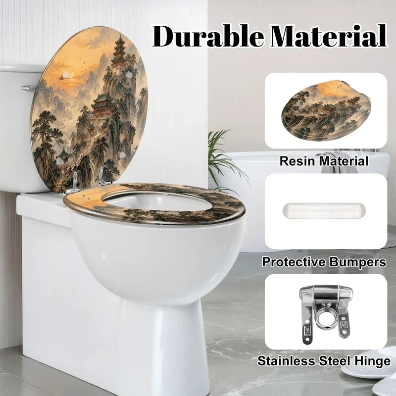 Heavy Duty Rounded Toilet Seat With Quick Release Soft Close Hinge Rock Solid Resin Construction For Effortless Daily Bathroom Care Classic Chinoiserie Mountain Ink Art Design