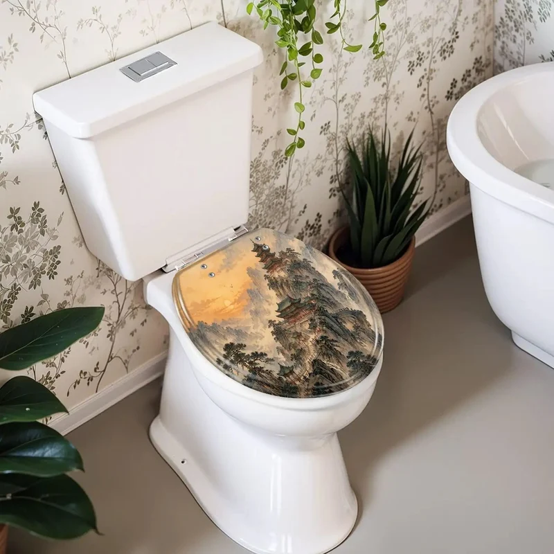 Heavy Duty Rounded Toilet Seat With Quick Release Soft Close Hinge Rock Solid Resin Construction For Effortless Daily Bathroom Care Classic Chinoiserie Mountain Ink Art Design