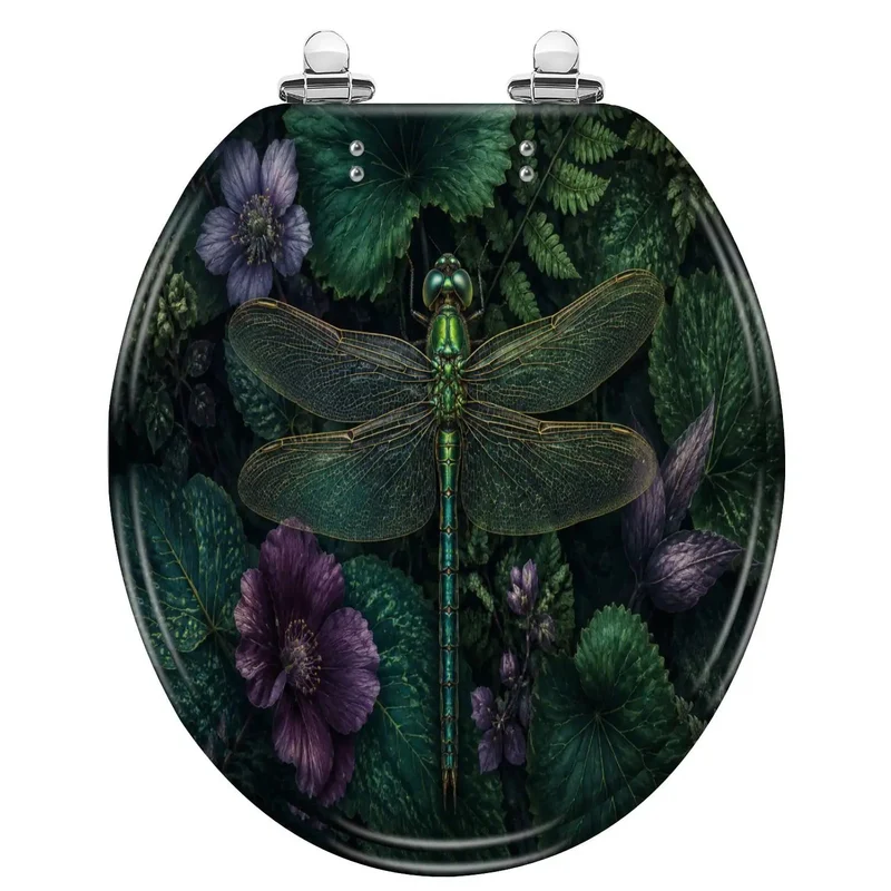 Round Tough Resin Toilet Seat With Killer Dragonfly Artwork And Sweet Greenery Plus Purple Blooms For Your Home Bath Room Setup With Heavy Duty Soft Close Action That Keeps Things Tight And Silence