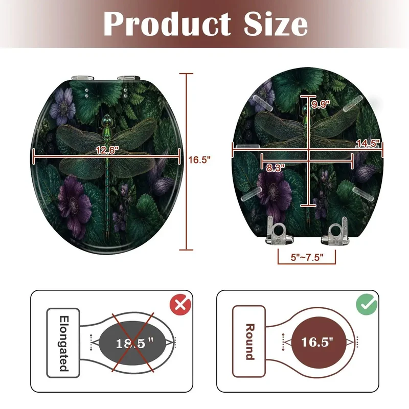 Round Tough Resin Toilet Seat With Killer Dragonfly Artwork And Sweet Greenery Plus Purple Blooms For Your Home Bath Room Setup With Heavy Duty Soft Close Action That Keeps Things Tight And Silence