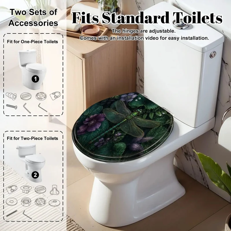 Round Tough Resin Toilet Seat With Killer Dragonfly Artwork And Sweet Greenery Plus Purple Blooms For Your Home Bath Room Setup With Heavy Duty Soft Close Action That Keeps Things Tight And Silence