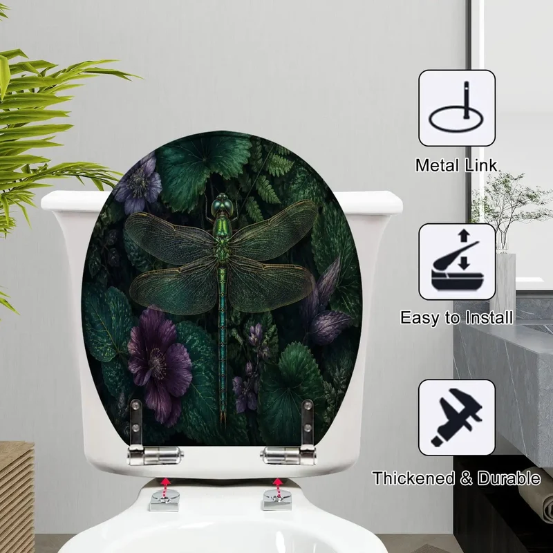 Round Tough Resin Toilet Seat With Killer Dragonfly Artwork And Sweet Greenery Plus Purple Blooms For Your Home Bath Room Setup With Heavy Duty Soft Close Action That Keeps Things Tight And Silence