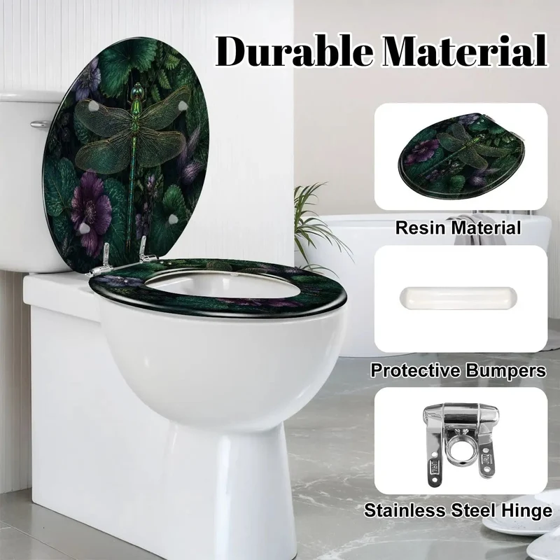 Round Tough Resin Toilet Seat With Killer Dragonfly Artwork And Sweet Greenery Plus Purple Blooms For Your Home Bath Room Setup With Heavy Duty Soft Close Action That Keeps Things Tight And Silence