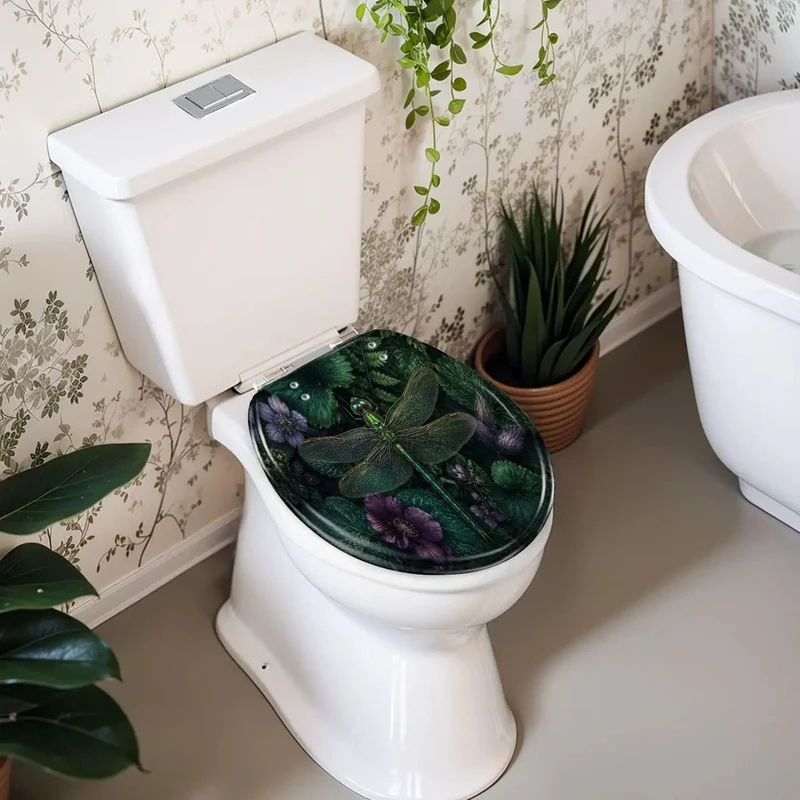 Round Tough Resin Toilet Seat With Killer Dragonfly Artwork And Sweet Greenery Plus Purple Blooms For Your Home Bath Room Setup With Heavy Duty Soft Close Action That Keeps Things Tight And Silence