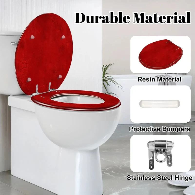 Round Deep Red Maroon Cracked Texture Toilet Seat Heavy Duty Resin No Slam Soft Close Hinge Smooth Operation Top Shelf Bathroom Fixture Built Tough For Daily Grind