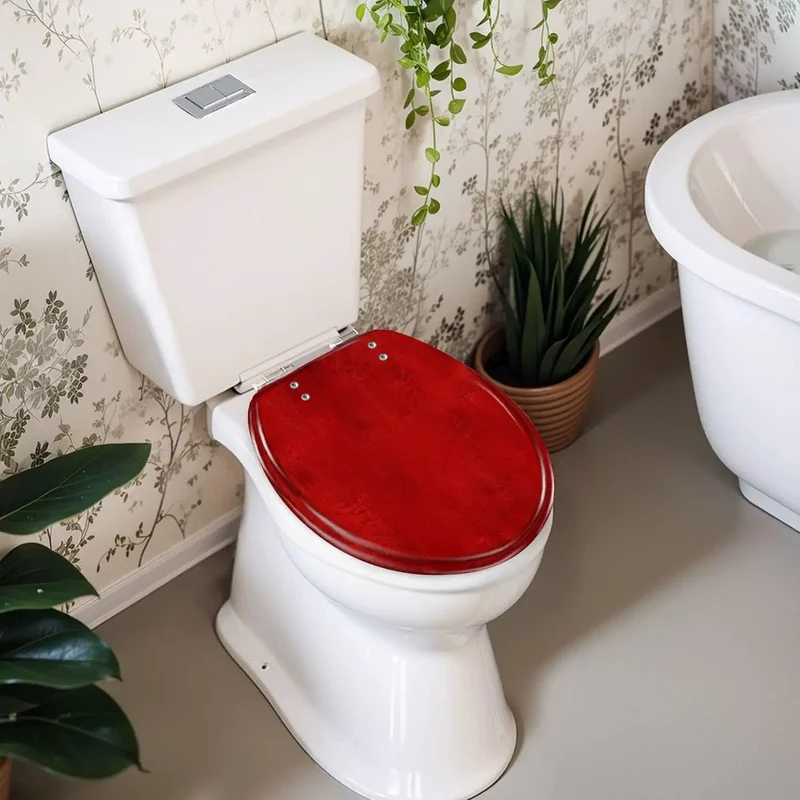 Round Deep Red Maroon Cracked Texture Toilet Seat Heavy Duty Resin No Slam Soft Close Hinge Smooth Operation Top Shelf Bathroom Fixture Built Tough For Daily Grind