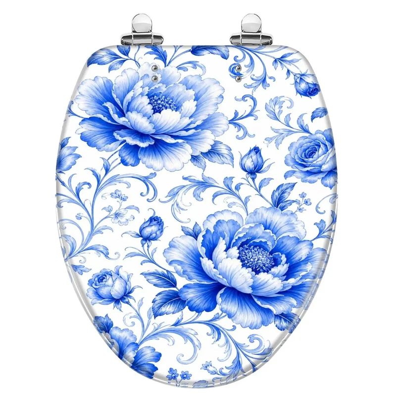 Elongated Blue Peony Floral Chinoiserie Resin Toilet Seat Featuring Heavy Duty Smooth Glide Soft Close Quiet Closing Hinges And Rock Solid Daily Bathroom Replacement
