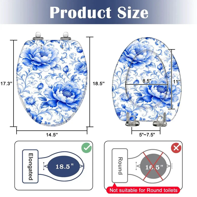 Elongated Blue Peony Floral Chinoiserie Resin Toilet Seat Featuring Heavy Duty Smooth Glide Soft Close Quiet Closing Hinges And Rock Solid Daily Bathroom Replacement