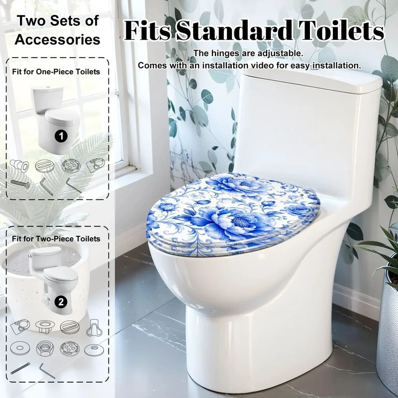 Elongated Blue Peony Floral Chinoiserie Resin Toilet Seat Featuring Heavy Duty Smooth Glide Soft Close Quiet Closing Hinges And Rock Solid Daily Bathroom Replacement