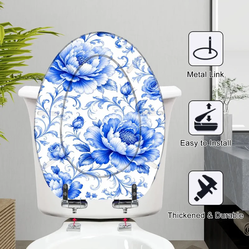 Elongated Blue Peony Floral Chinoiserie Resin Toilet Seat Featuring Heavy Duty Smooth Glide Soft Close Quiet Closing Hinges And Rock Solid Daily Bathroom Replacement