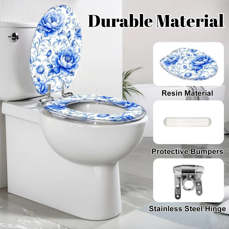 Elongated Blue Peony Floral Chinoiserie Resin Toilet Seat Featuring Heavy Duty Smooth Glide Soft Close Quiet Closing Hinges And Rock Solid Daily Bathroom Replacement