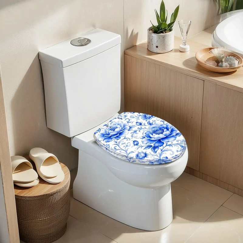 Elongated Blue Peony Floral Chinoiserie Resin Toilet Seat Featuring Heavy Duty Smooth Glide Soft Close Quiet Closing Hinges And Rock Solid Daily Bathroom Replacement