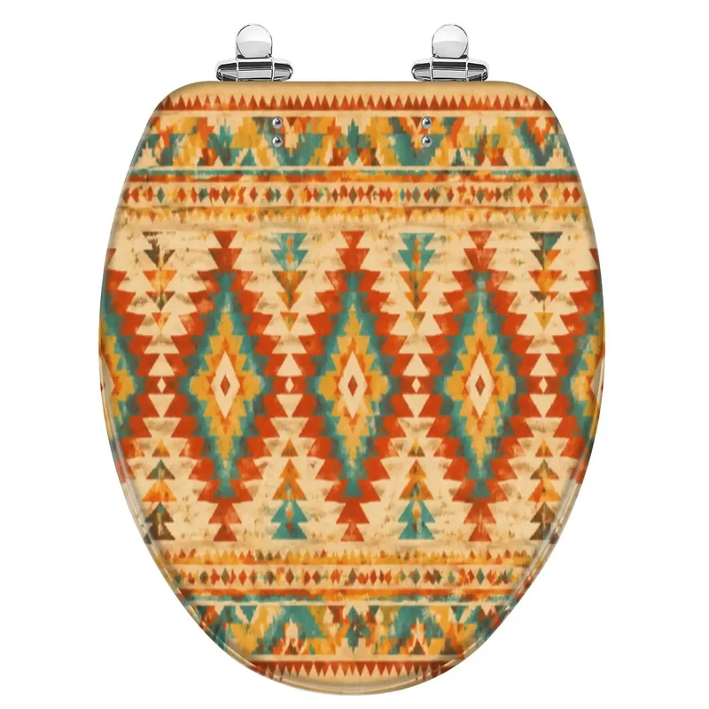 Elongated Native American Geometric Pattern Toilet Seat With Quiet Soft Close Hinges And Heavy Duty Resin Build For Total Bathroom Glow Up And Easy No Fuss Install