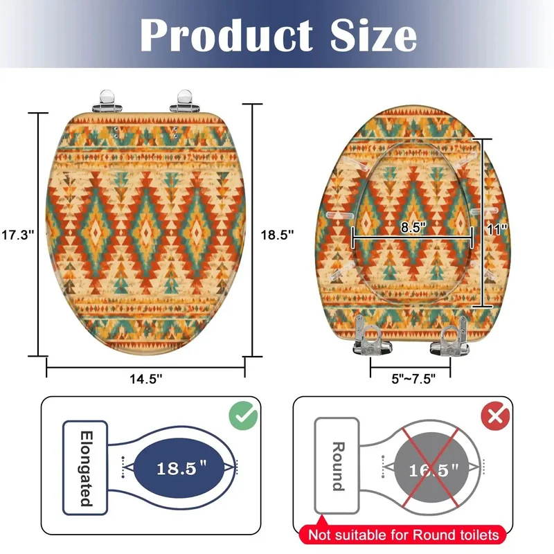 Elongated Native American Geometric Pattern Toilet Seat With Quiet Soft Close Hinges And Heavy Duty Resin Build For Total Bathroom Glow Up And Easy No Fuss Install