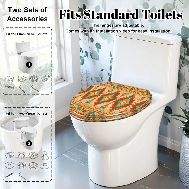 Elongated Native American Geometric Pattern Toilet Seat With Quiet Soft Close Hinges And Heavy Duty Resin Build For Total Bathroom Glow Up And Easy No Fuss Install