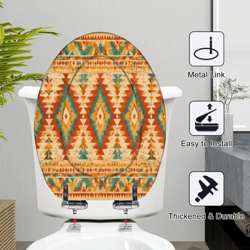 Elongated Native American Geometric Pattern Toilet Seat With Quiet Soft Close Hinges And Heavy Duty Resin Build For Total Bathroom Glow Up And Easy No Fuss Install