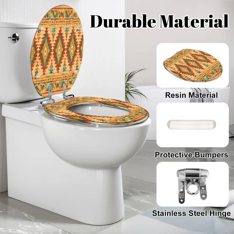 Elongated Native American Geometric Pattern Toilet Seat With Quiet Soft Close Hinges And Heavy Duty Resin Build For Total Bathroom Glow Up And Easy No Fuss Install