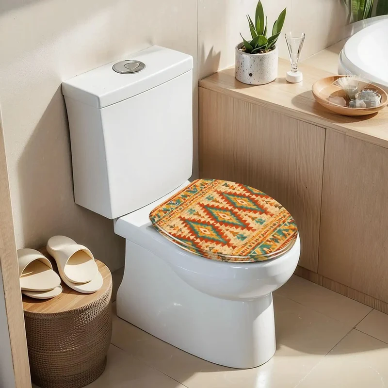 Elongated Native American Geometric Pattern Toilet Seat With Quiet Soft Close Hinges And Heavy Duty Resin Build For Total Bathroom Glow Up And Easy No Fuss Install