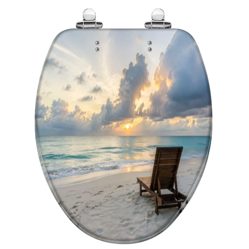 Heavy Duty Resin Elongated Toilet Seat With Smooth Soft Close Lid And Relaxed Coastal Beach Wave Vibes For Top Shelf Effortless Modern Comfort