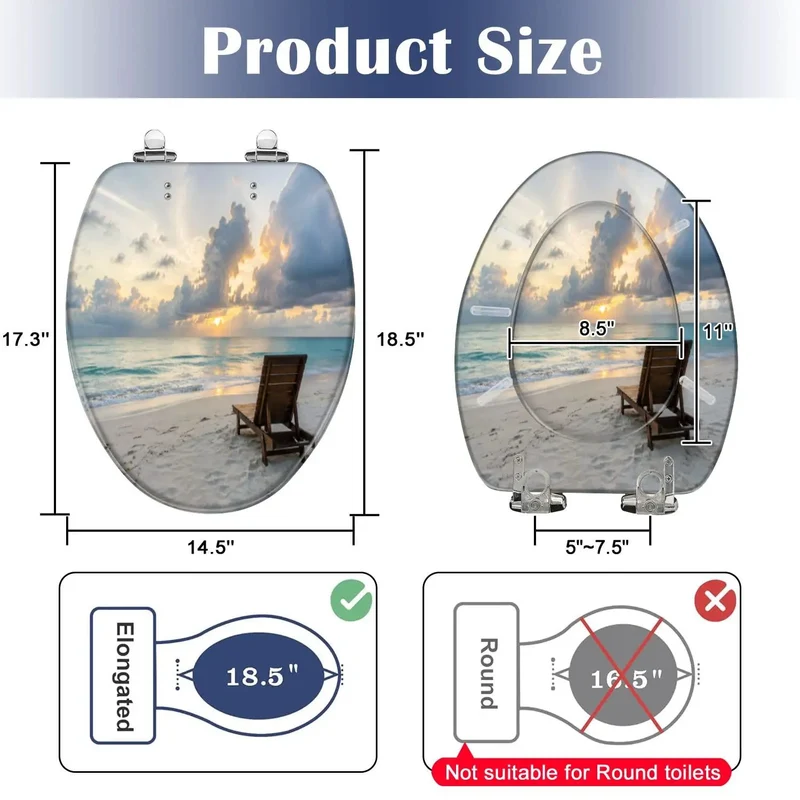 Heavy Duty Resin Elongated Toilet Seat With Smooth Soft Close Lid And Relaxed Coastal Beach Wave Vibes For Top Shelf Effortless Modern Comfort