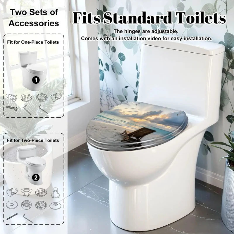 Heavy Duty Resin Elongated Toilet Seat With Smooth Soft Close Lid And Relaxed Coastal Beach Wave Vibes For Top Shelf Effortless Modern Comfort
