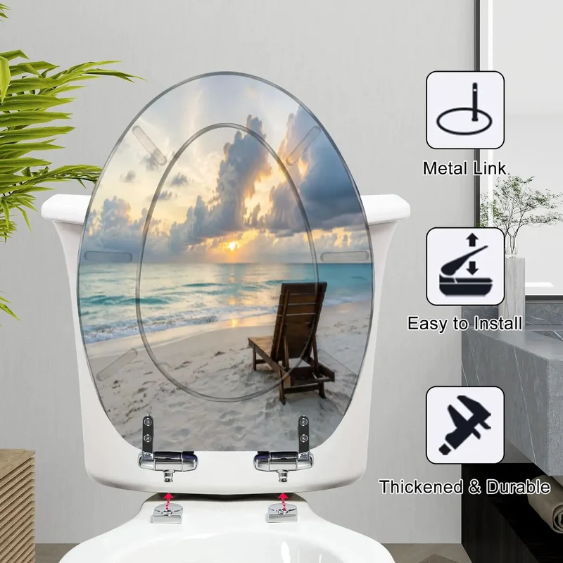 Heavy Duty Resin Elongated Toilet Seat With Smooth Soft Close Lid And Relaxed Coastal Beach Wave Vibes For Top Shelf Effortless Modern Comfort