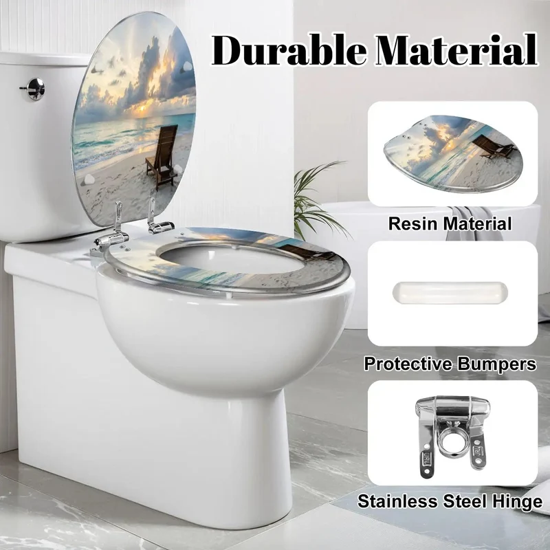 Heavy Duty Resin Elongated Toilet Seat With Smooth Soft Close Lid And Relaxed Coastal Beach Wave Vibes For Top Shelf Effortless Modern Comfort