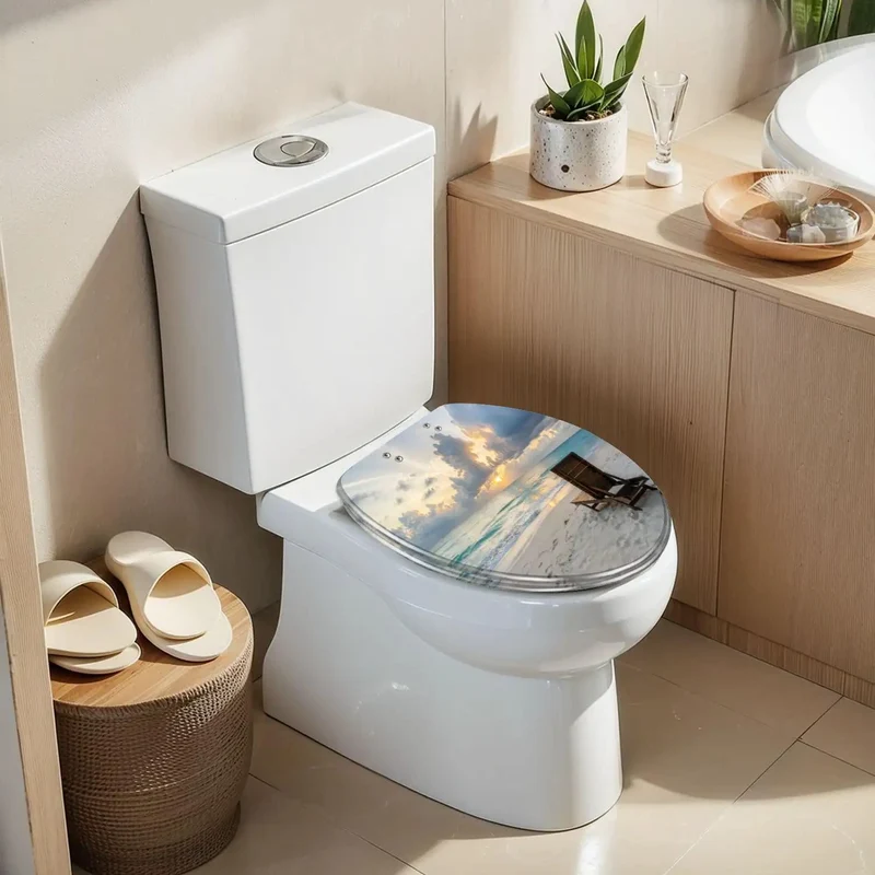 Heavy Duty Resin Elongated Toilet Seat With Smooth Soft Close Lid And Relaxed Coastal Beach Wave Vibes For Top Shelf Effortless Modern Comfort