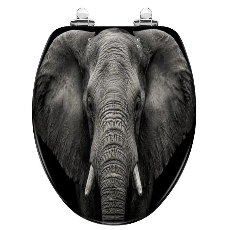 Built Tough Elongated Toilet Seat With Silent Soft Close Hinges And Heavy Duty Resin Frame Featuring A Sharp Monochrome Elephant Design For Smooth No Worries Bathroom Refresh