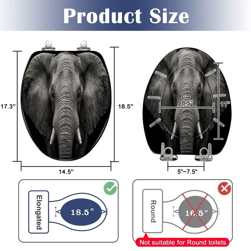 Built Tough Elongated Toilet Seat With Silent Soft Close Hinges And Heavy Duty Resin Frame Featuring A Sharp Monochrome Elephant Design For Smooth No Worries Bathroom Refresh