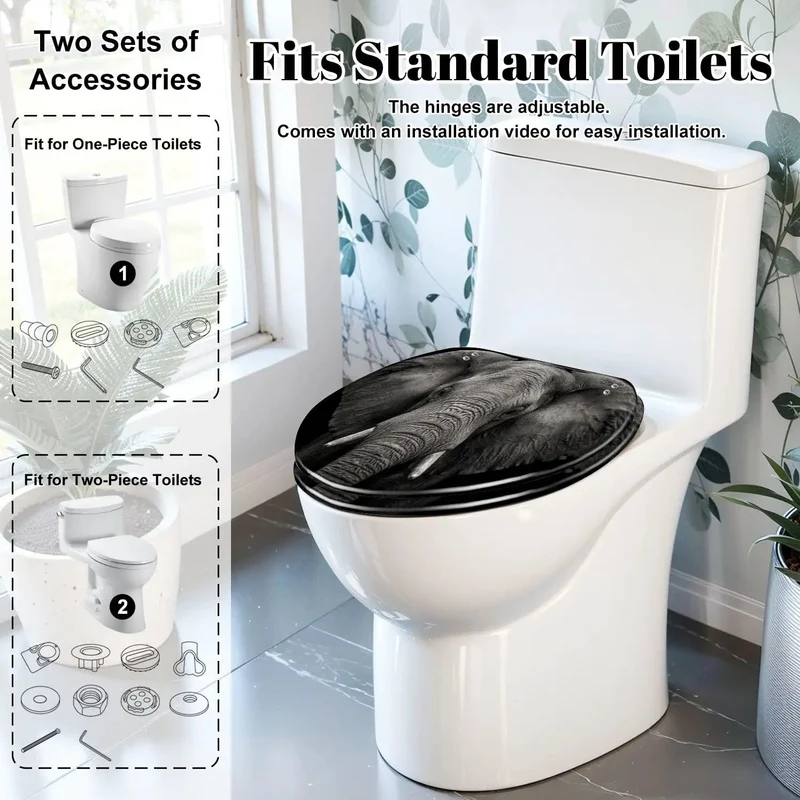 Built Tough Elongated Toilet Seat With Silent Soft Close Hinges And Heavy Duty Resin Frame Featuring A Sharp Monochrome Elephant Design For Smooth No Worries Bathroom Refresh