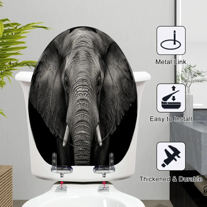 Built Tough Elongated Toilet Seat With Silent Soft Close Hinges And Heavy Duty Resin Frame Featuring A Sharp Monochrome Elephant Design For Smooth No Worries Bathroom Refresh