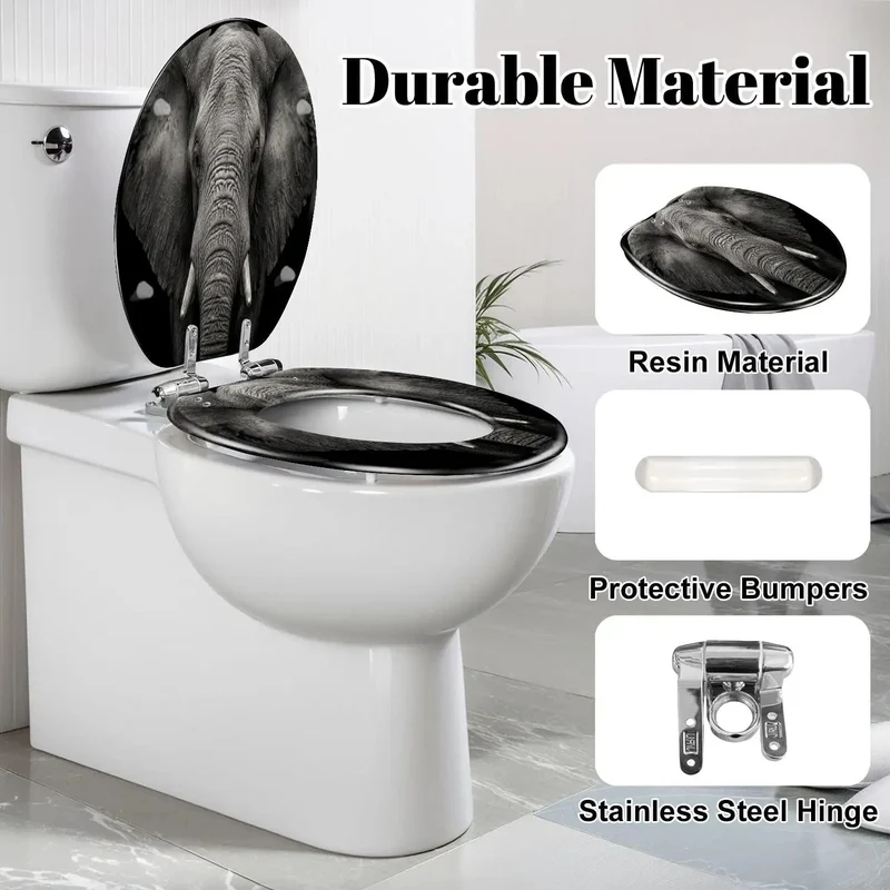 Built Tough Elongated Toilet Seat With Silent Soft Close Hinges And Heavy Duty Resin Frame Featuring A Sharp Monochrome Elephant Design For Smooth No Worries Bathroom Refresh