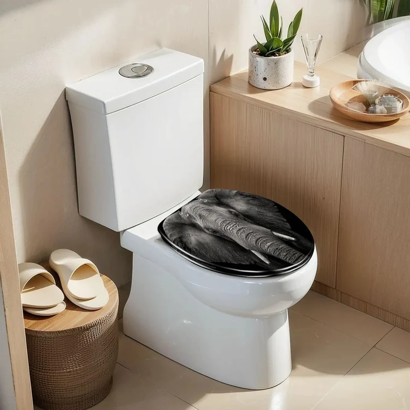 Built Tough Elongated Toilet Seat With Silent Soft Close Hinges And Heavy Duty Resin Frame Featuring A Sharp Monochrome Elephant Design For Smooth No Worries Bathroom Refresh