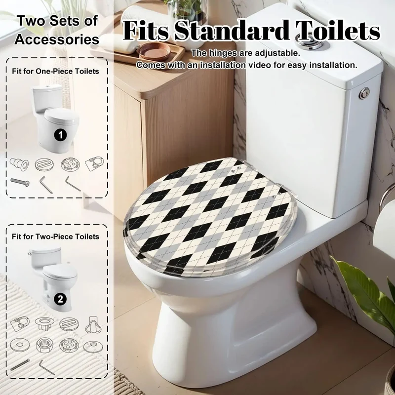 Round Soft Close Toilet Seat Forged From Heavy Duty Resin With Smooth Operator Hinges And Foolproof Mounting Hardware Shows Off A Bold Black White Checkered Vibe For Zero Hassle Bathroom Updates