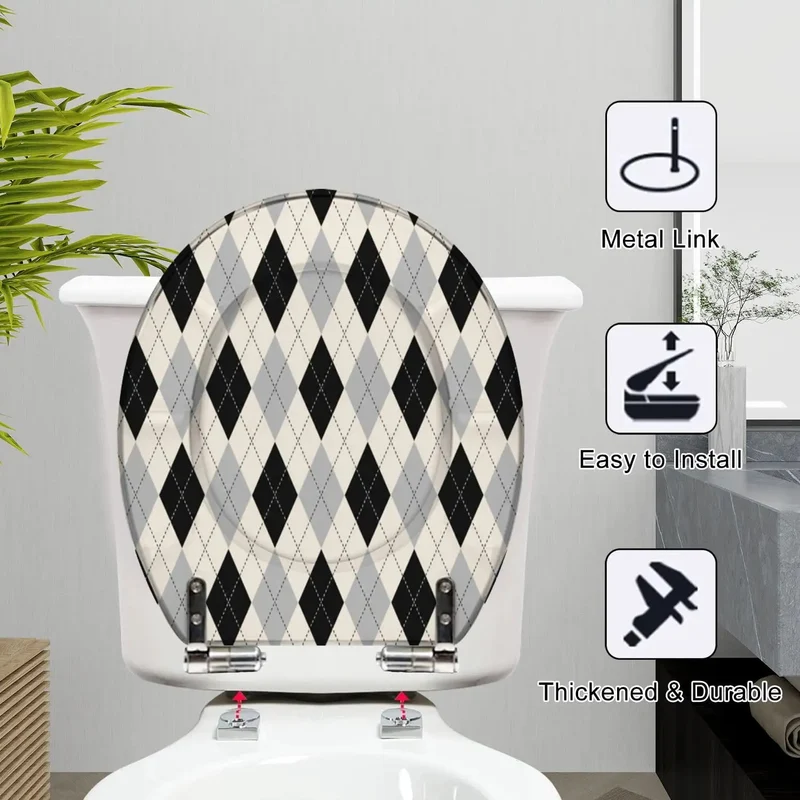 Round Soft Close Toilet Seat Forged From Heavy Duty Resin With Smooth Operator Hinges And Foolproof Mounting Hardware Shows Off A Bold Black White Checkered Vibe For Zero Hassle Bathroom Updates